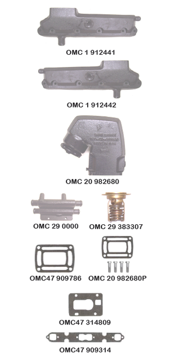 OMC V8-283, 305, 307 and 350 CID, Models 185, 200, 225, 230 and 260 HP - LOG STYLE DIRECT REPLACEMENT MANIFOLDS