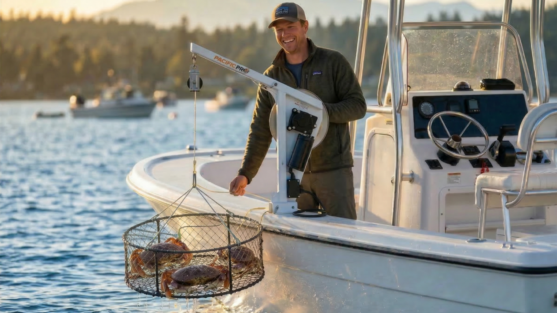 A fisherman using a Pacific Pro electric pot puller to hoist a wire basket filled with Dungeness crabs onto a white center console boat during a sunset on the water