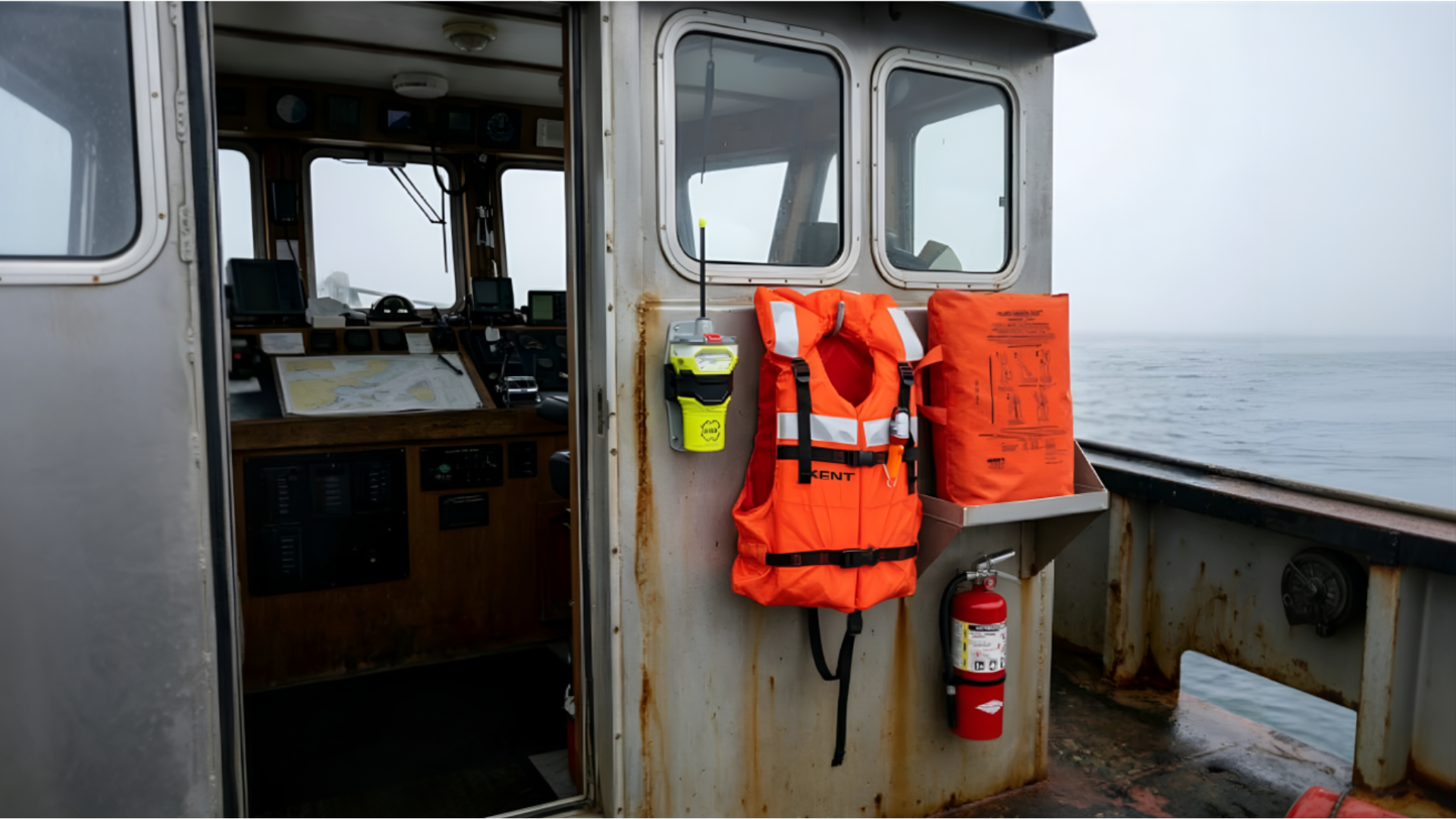 Essential maritime safety equipment including an orange Kent life jacket, a fire extinguisher, and an EPIRB mounted on the exterior of a commercial vessel's bridge