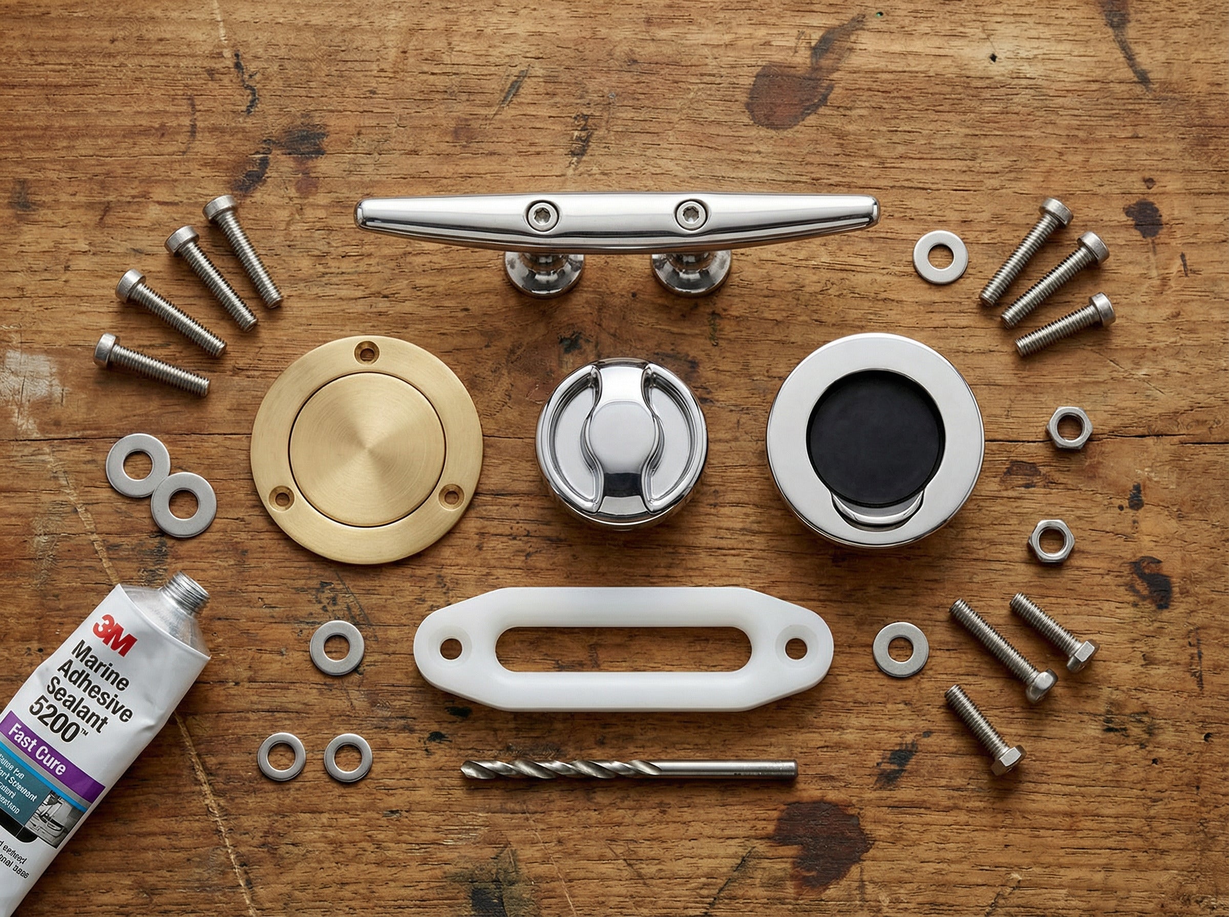 Flat-lay of marine deck fittings including cleat, deck plate, scupper and fairlead with installation hardware