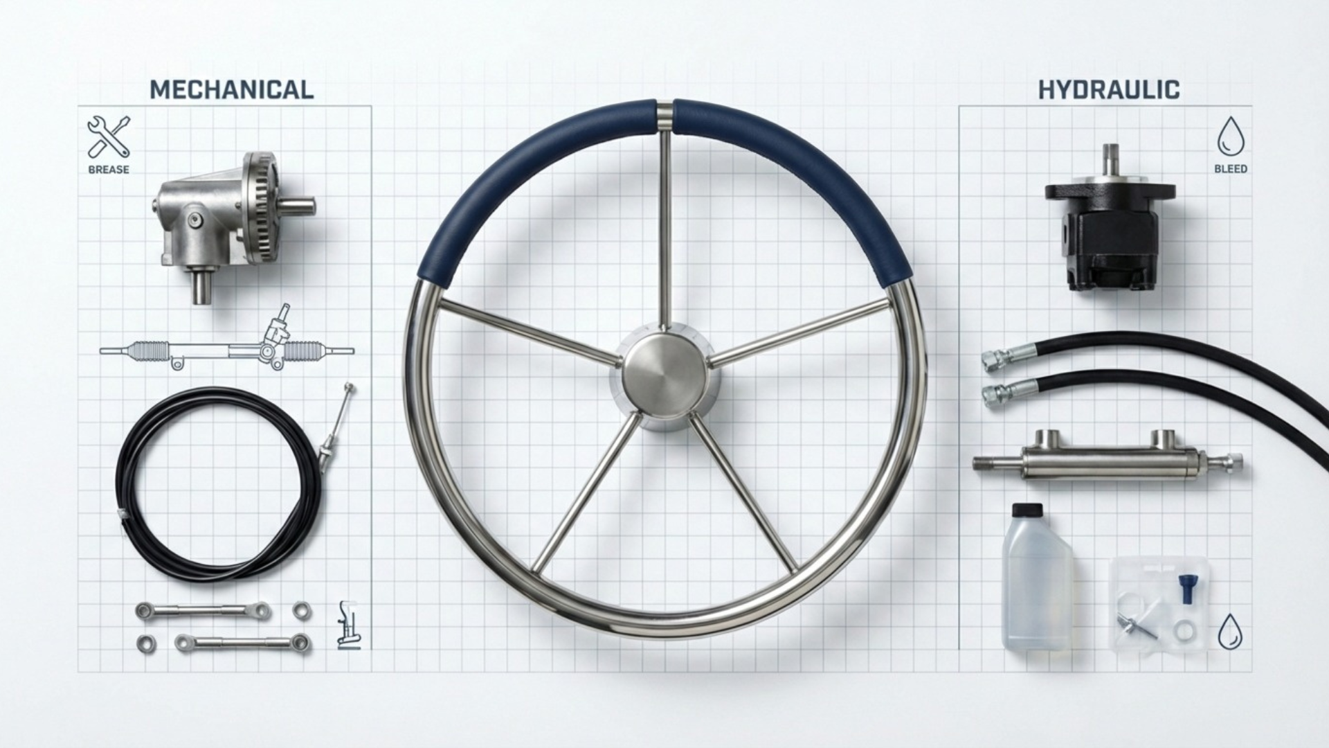 marine steering infographic showing mechanical cable steering parts versus hydraulic helm and cylinder components