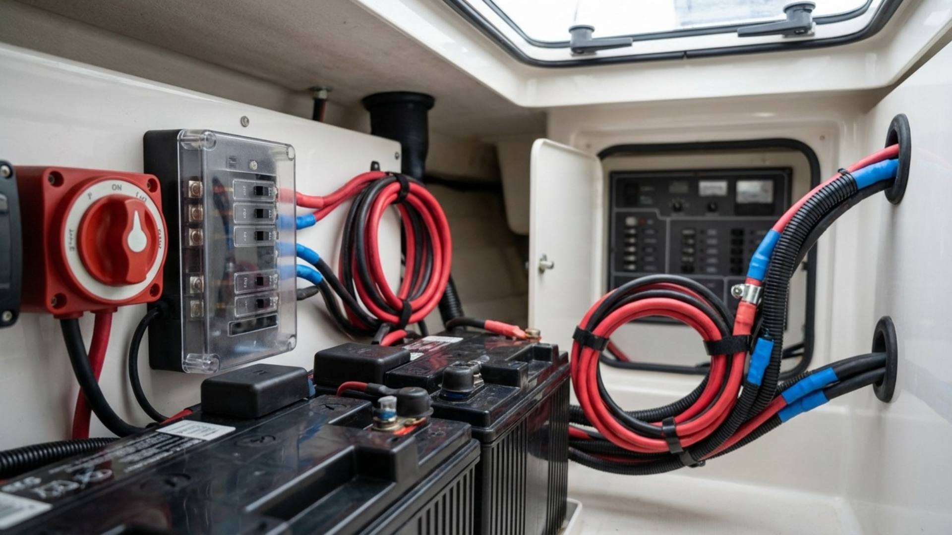 Marine electrical system installation featuring deep cycle boat batteries, a red battery disconnect switch, and organized heavy-duty wiring with a fuse block.