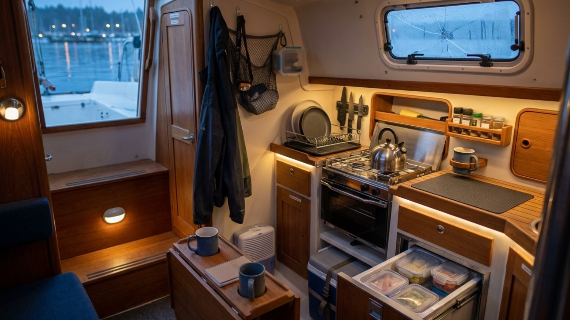 Cozy interior of a sailboat cabin at night featuring a modern wood-paneled galley with a stove, organized storage drawers, and warm LED lighting.