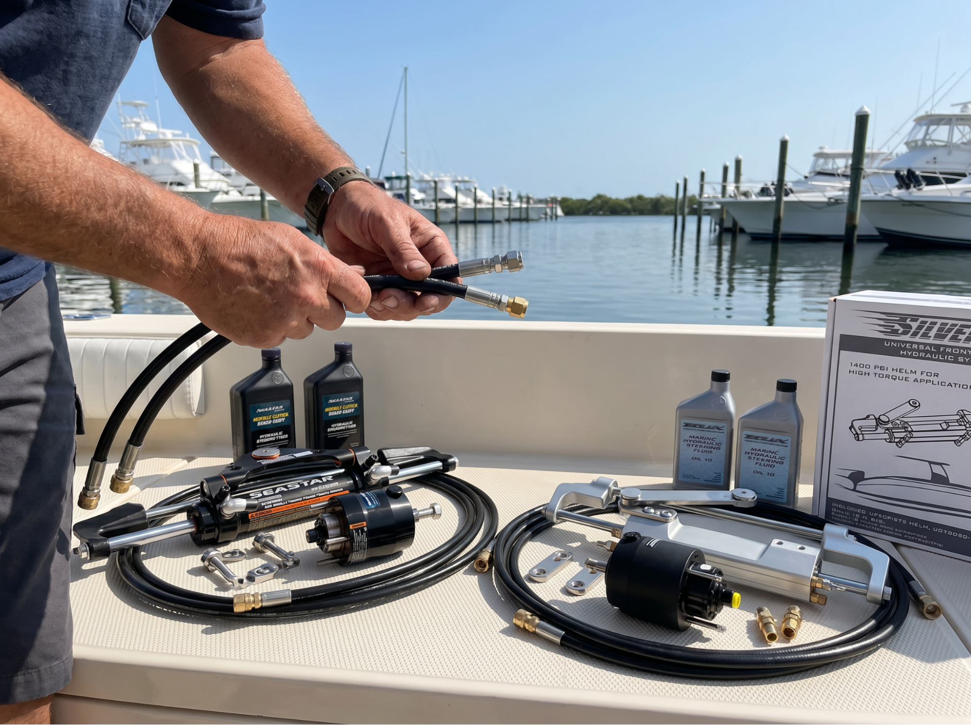Technician preparing a marine hydraulic steering system installation by connecting hydraulic hoses and steering components on a recreational boat at a marina
