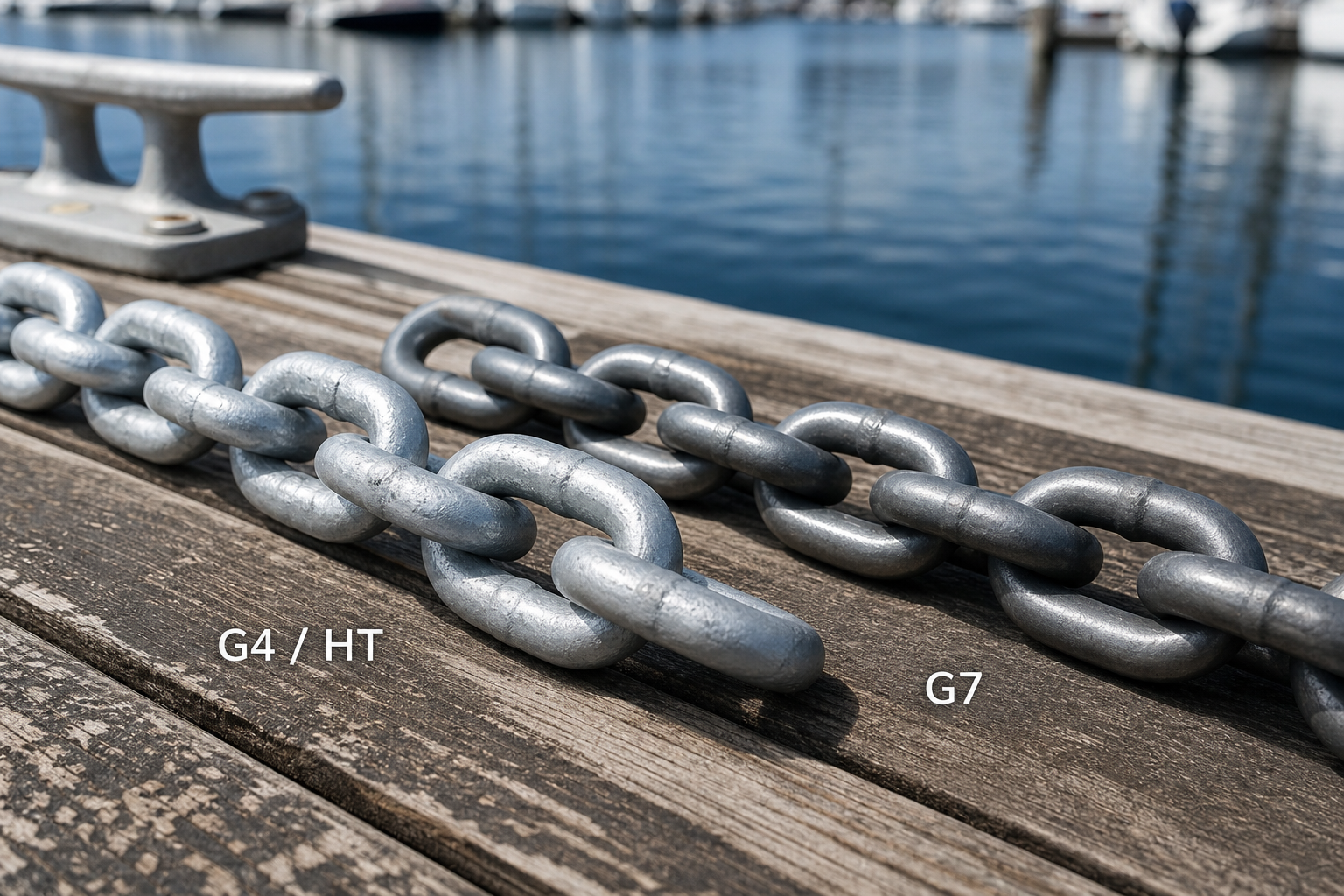Side-by-side comparison of G4 high-test and G7 anchor chain grades used in marine anchoring systems for improved holding power and weight efficiency
