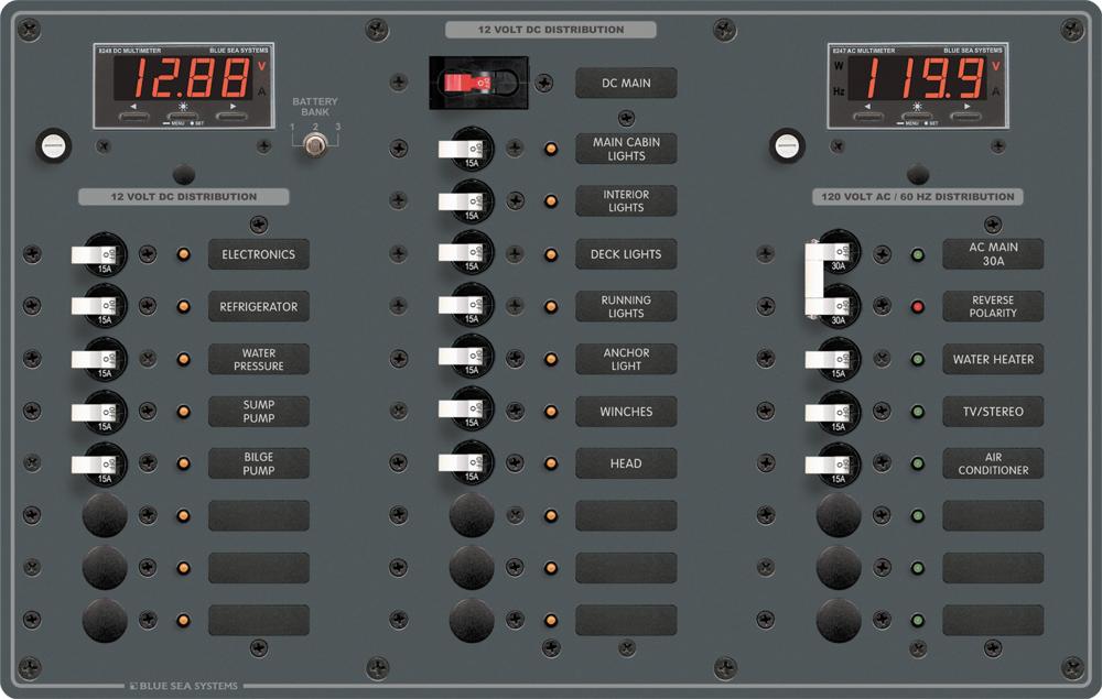 AC / DC Distribution Panel, 120 Volt Main + 6 Positions, 12/24 Volt Main + 18 Positions, Digital Multimeters