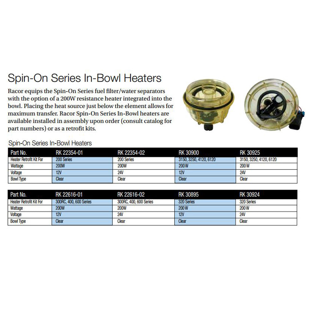 Heater, In-Bowl for 200 Series Spin-On Filters, 12v, See-Through Bowl