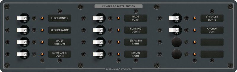 DC Distribution Panel, 12/24 Volt, 12 Positions, Horizontal, No Meter