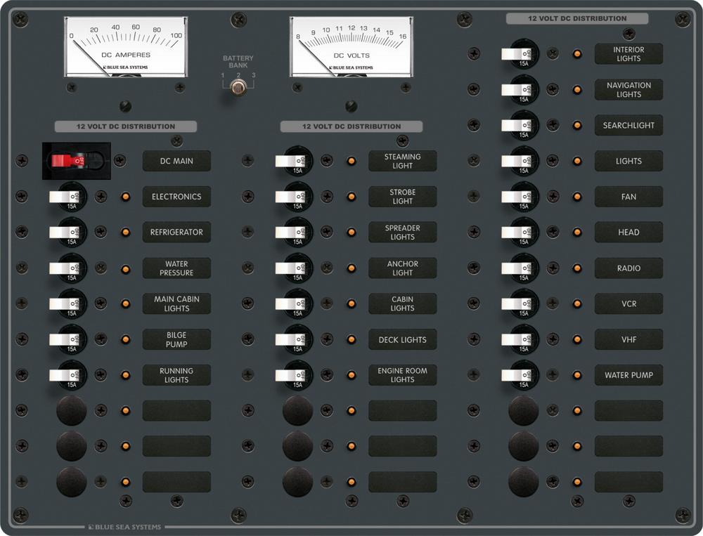 DC Distribution Panel, 12 Volt Main + 32 Positions, Analog Meters