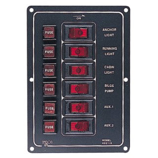 Sea-Dog, Switch Panel, Aluminum, Vertical, Illuminating, 6 Position, DC, Fused
