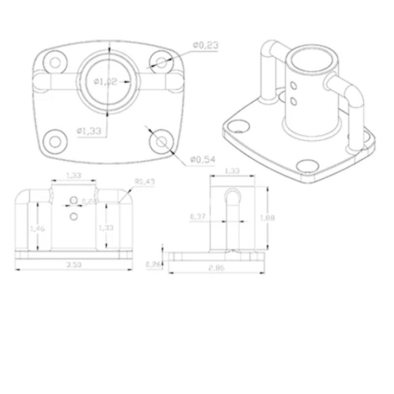 Handrail Base, Stainless Steel, 1" Diameter, 4° Angle, 2.86 x 3.5in. Base, 1.88in. Neck