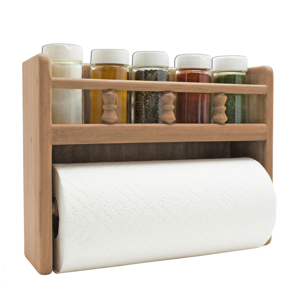 Bulkhead Mount Teak Paper Towel Rack with Spice Rack
