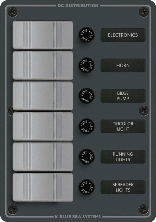 DC Distribution Panel, Contura Water Resistant 12/24 Volt Switch/Fuse Panel, 6 Positions, Gray