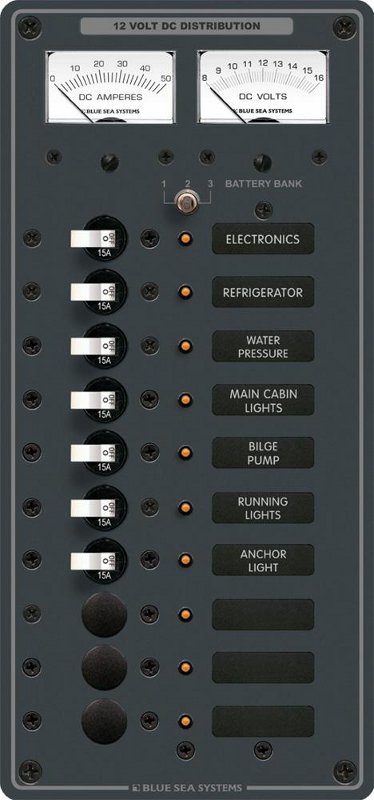 DC Distribution Panel, 12 Volt, 10 Positions, Analog Meters