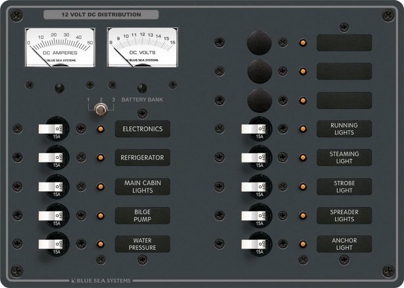 DC Distribution Panel, 12 Volt, 13 Positions, Analog Meters