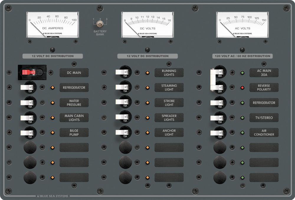 AC / DC Distribution Panel, 120 Volt Main + 6 Positions / 12 Volt Main + 15 Positions, Analog Meters
