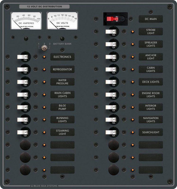 DC Distribution Panel, 12/24 Volt Main + 22 Positions, Analog Meters