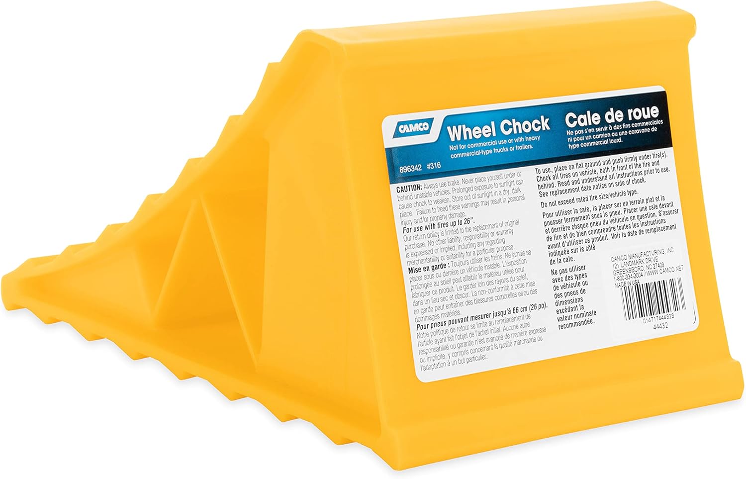 Camco RV Wheel Chock, Yellow, Wheels 26" or less