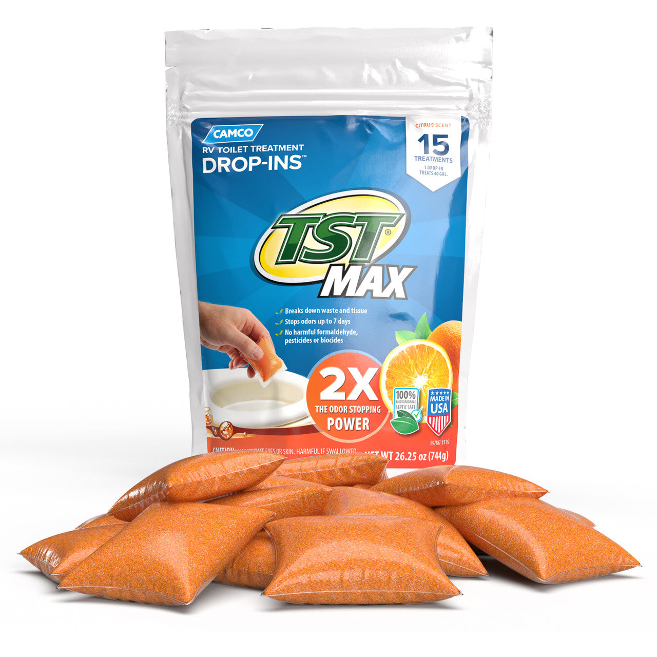 Camco TST MAX Marine/RV Toilet Treatment Drop-Ins, 15 Pack Citrus Scent