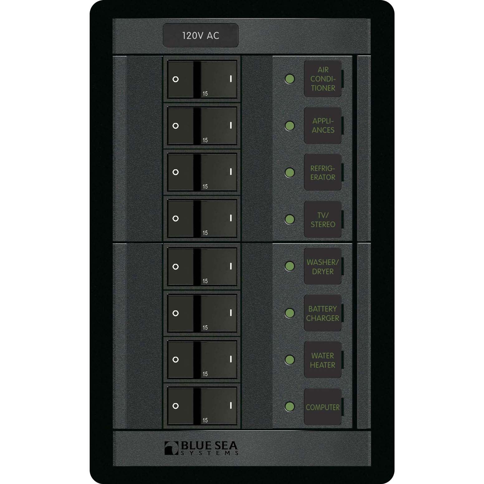 Blue Sea Systems, 360 Panel, 120 Volt, AC, 8 Position