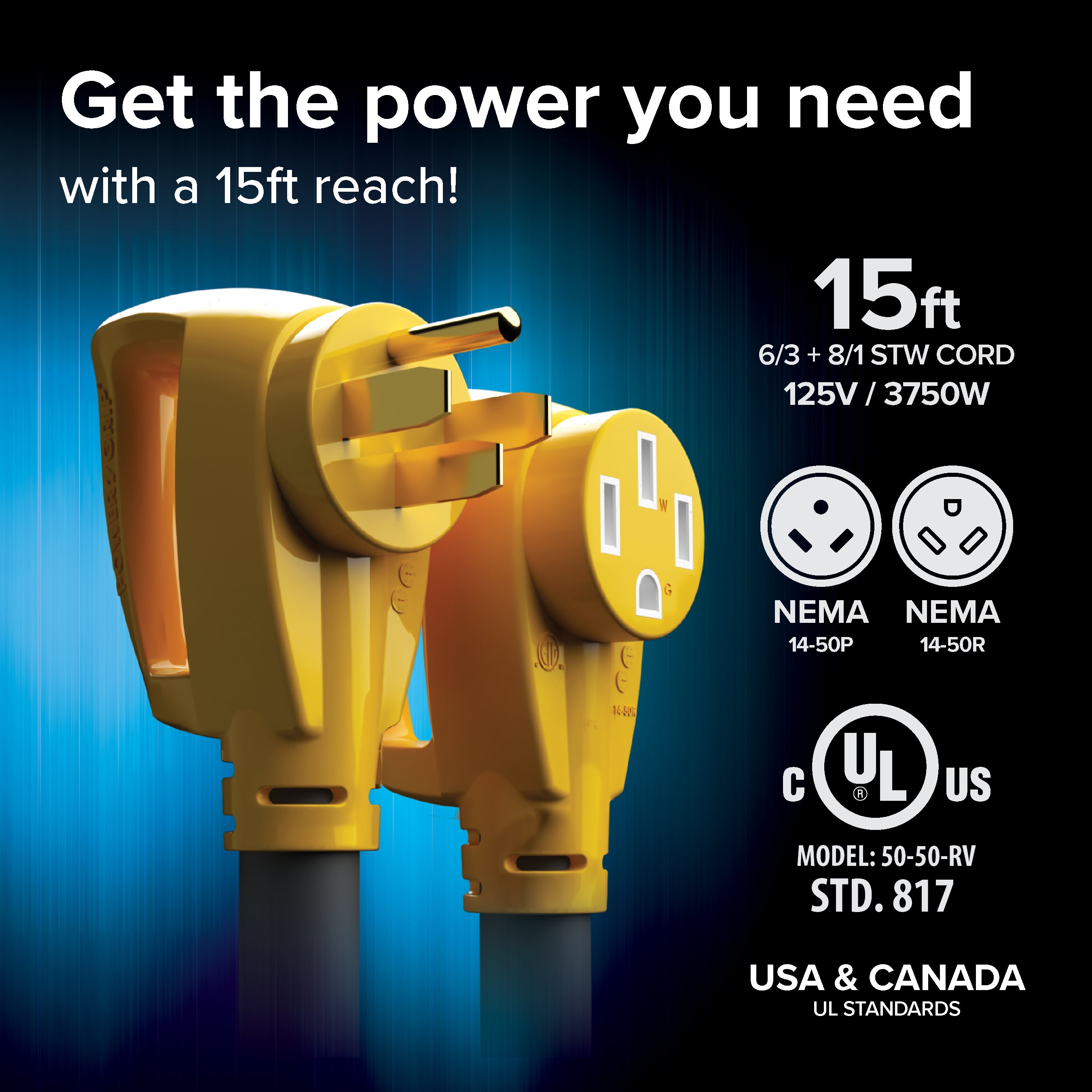 Camco Power Grip 15' Heavy-Duty 50-Amp RV Extension Cord