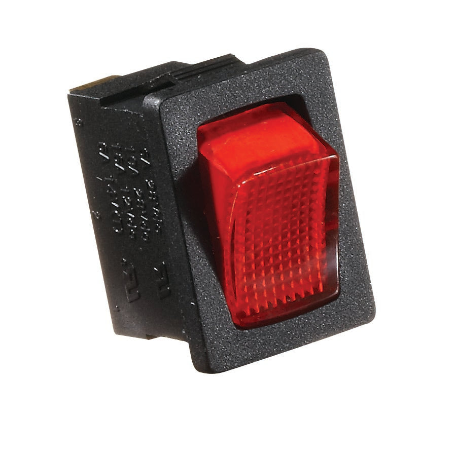 Black w/Red Rocker Switch, 20 A, Illuminated Rocker On/Off - SPST - Cut-out .519" x .756" to .779"