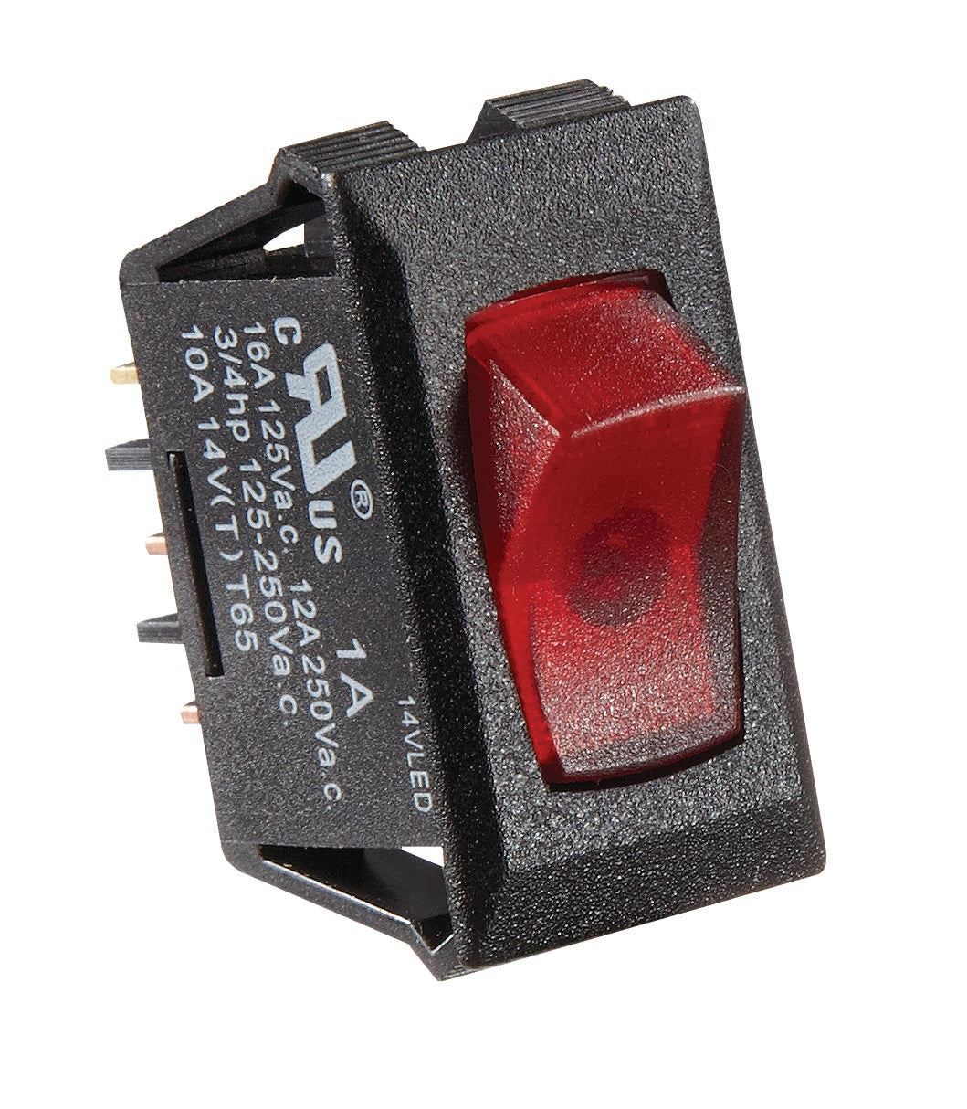 Black w/Red Rocker Switch- 10 A, Illuminated On/Off - SPST - Cut-Out .550" x 1.125"
