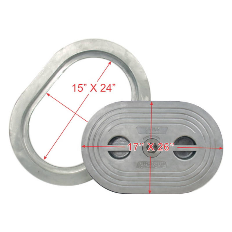 Baier Marine, Low Profile Watertight Hatch, Quick Acting, Oval, 15" x 24", Aluminum Cover and Ring