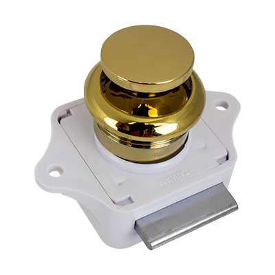 Push Button Rim Latch, Gold Finish Plastic Knob, NO Strike Plates