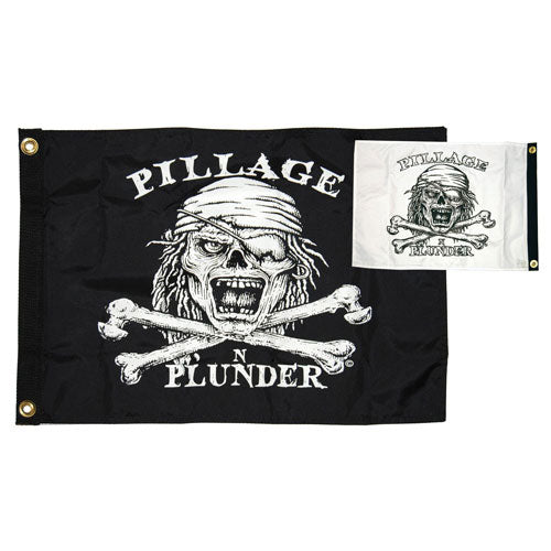 Taylor Made Flag, Pirate Heads, Pillage and Plunder, Nylon, 12" x 18"