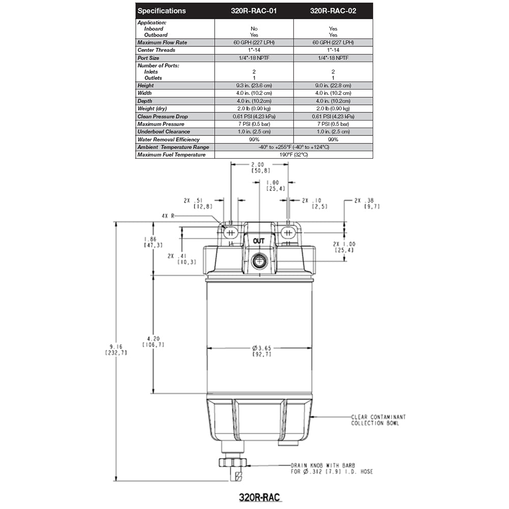 320-RAC-02 Fuel Filter/WS, Alum. Bowl, 60 GPH, 10 Micron, UL Listed