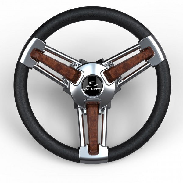 Schmitt, 14" Burano S.S. Boat Steering Wheel with Burl Wood Inserts, 3/4" Tapered Hub