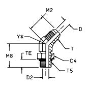 45 Straight Thread Elbow, 1/2 x 3/4-16