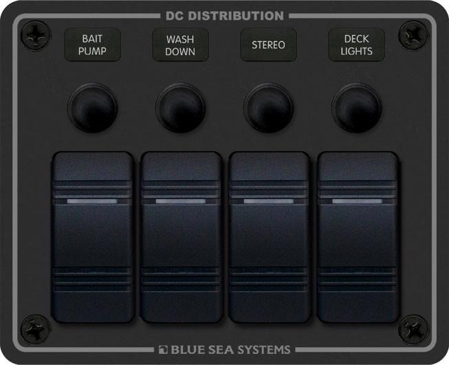 DC Distribution Panel, Contura Water Resistant 12/24 Volt Push Button Reset, 4 Positions