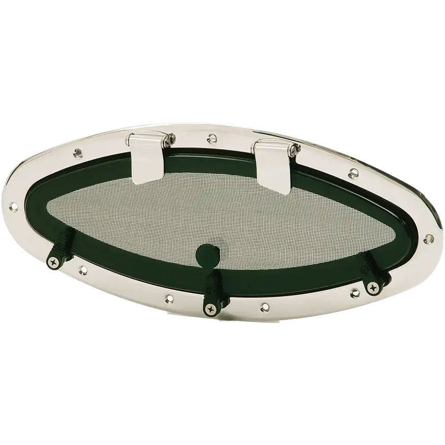 Bomar Stainless Steel Flagship Series 6 3/4 in x 17 in Elliptical Opening Stainless Steel Portlight, with Screen, 516