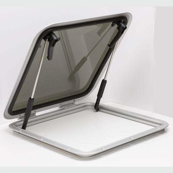 Open Box, Bomar 1039-10A Low Profile Extruded Hatch, 19-1/8" Square, Silver Frame, Smoke Lens, Al Hinges