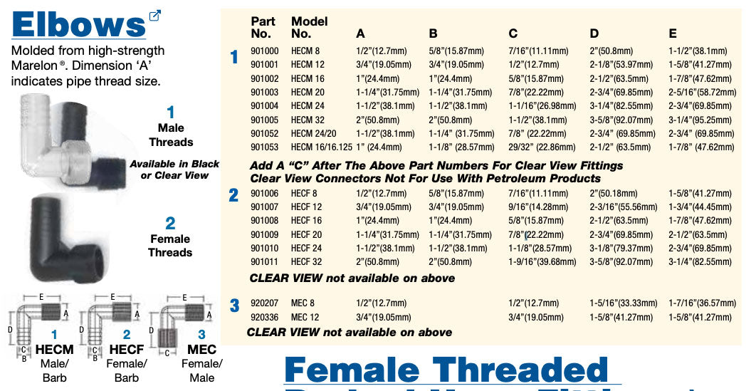 Forespar HECF Marelon Elbows Female NPT to Hose Barb, 90 Deg.