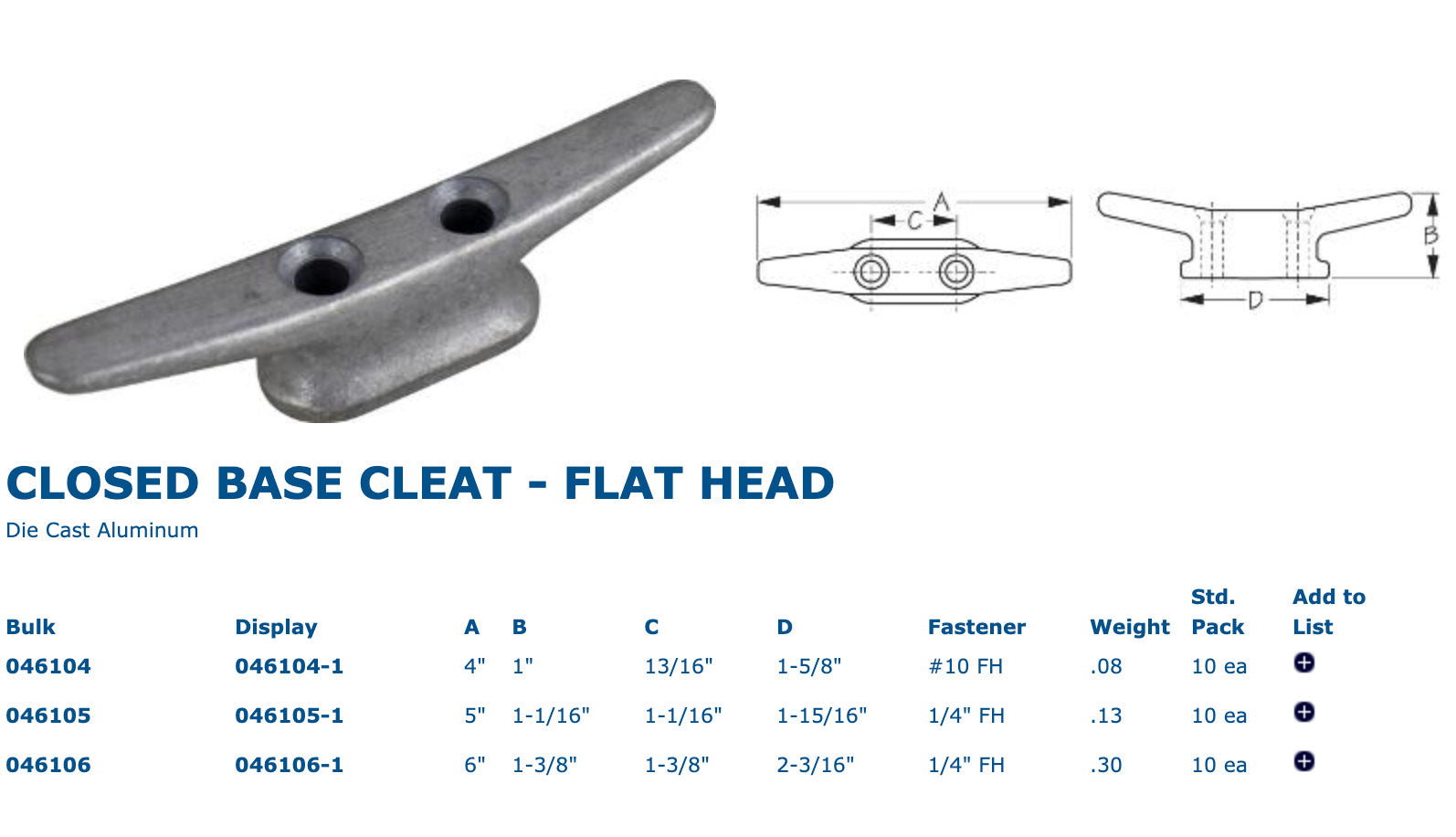Sea-Dog, Closed Base Aluminum Cleats, Countersunk for Flat Head Fasteners