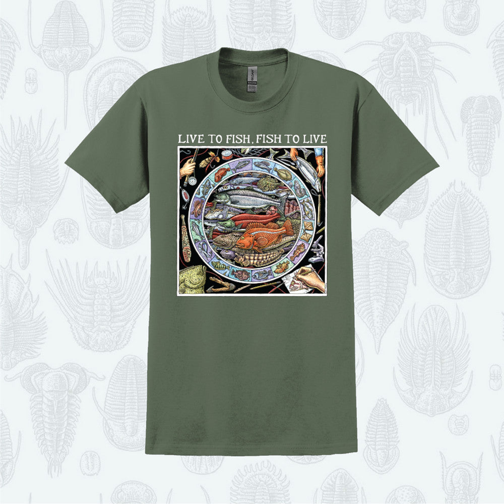 Green t-shirt with a graphic design and text 'Live to fish, fish to live' on a white background.