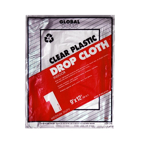 Global Guard Clear Plastic Drop Cloth, 9' x 12', 1 mil.