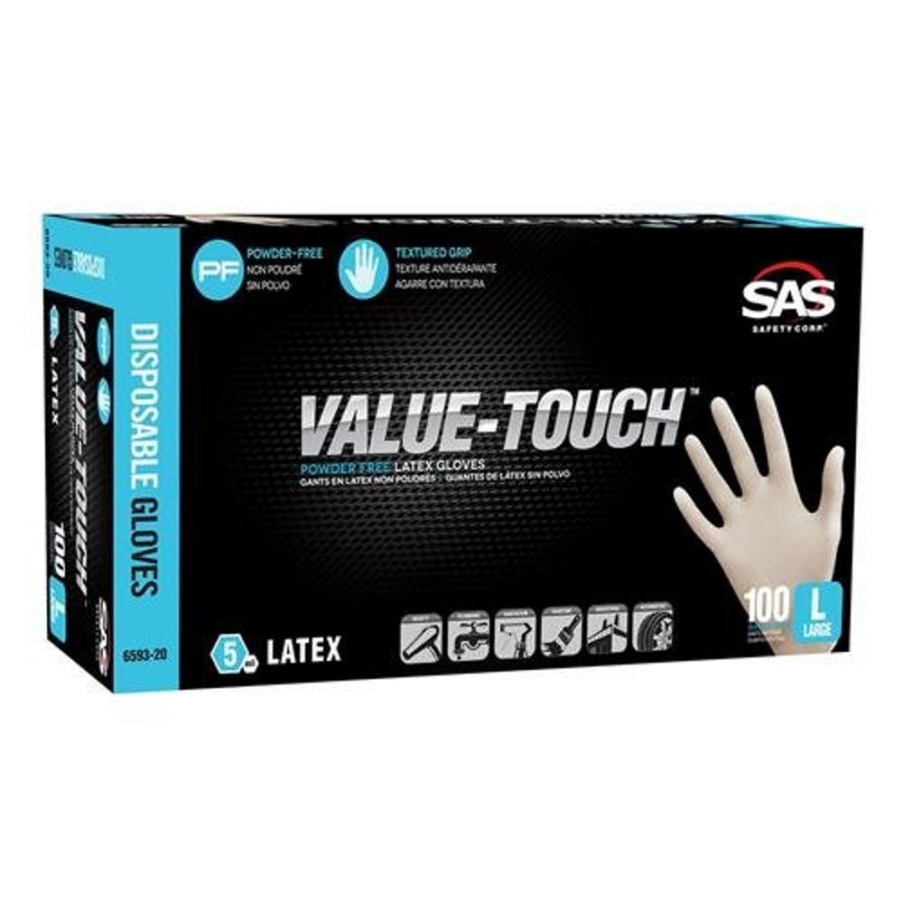 SAS Safety Latex Value-Touch Powder-Free Disposable Glove, Box of 100.