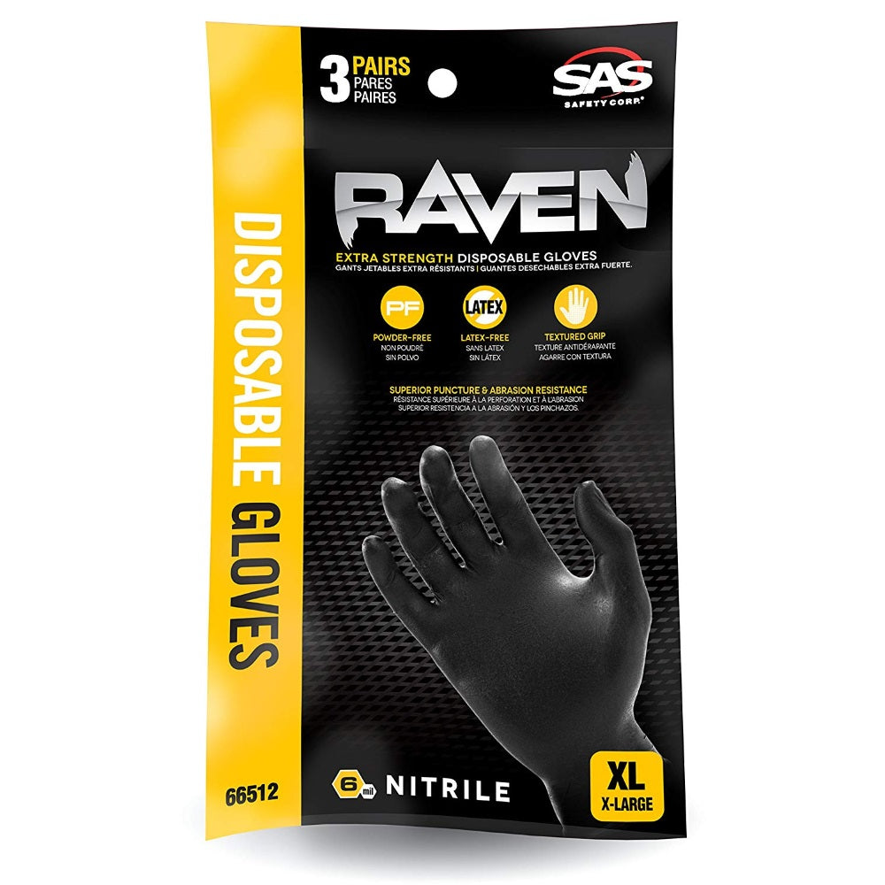 SAS Safety Raven Powder-Free Nitrile Gloves, 3-Pack