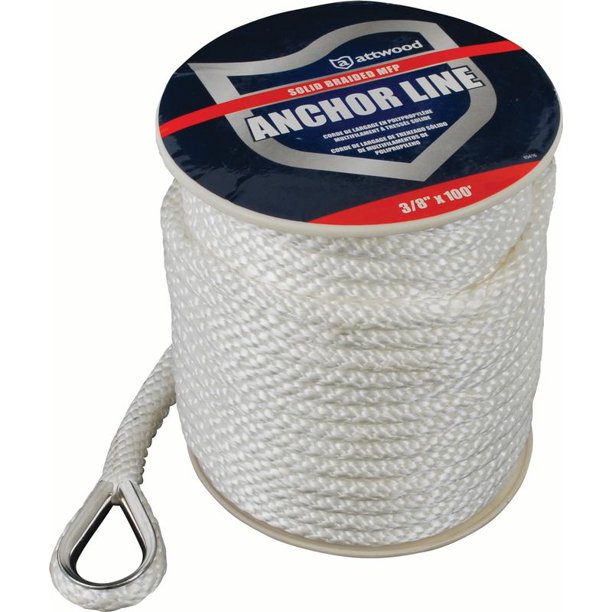 Attwood 3/8" x 100' Solid Braided MFP Anchor Line With Thimble, White