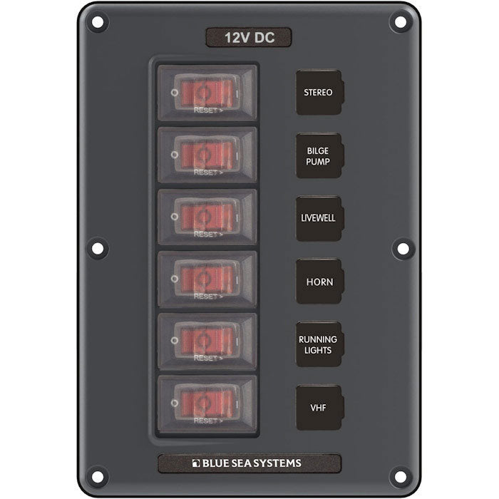 Blue Sea 4322 Water-Resistant Circuit Breaker Switch Panel, 6 Position