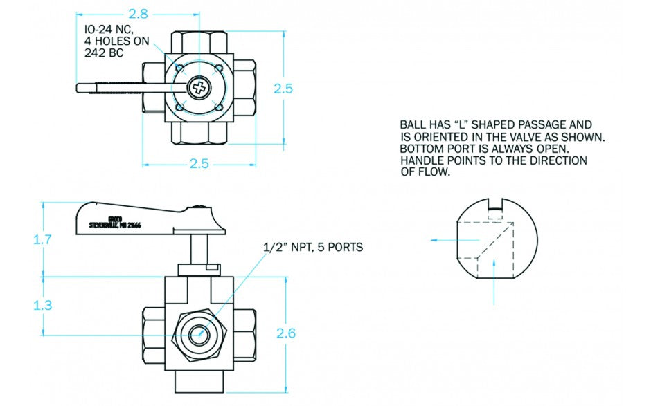 1/2" 5-Port Tank Selector Valve, Fuel or Water, FV-550-L