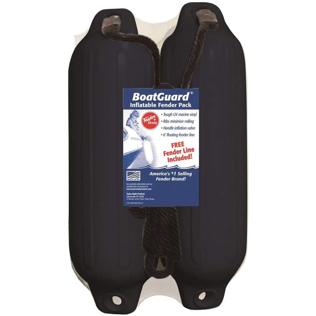Hull Gard Inflatable Boat Fenders, 6" X 22" 2-Pack with Rope, Black