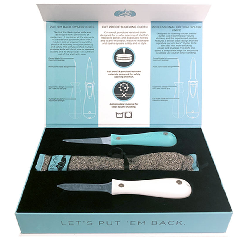 Put 'Em Back Oyster Knife, Professional Oyster Knife, Cut-Proof Shucking Cloth