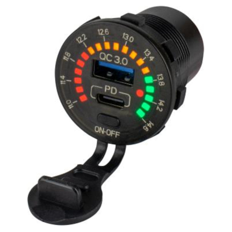 Sea-Dog Rainbow Volt Meter with USB 3.0 & USB-C Power Socket, 426519-1