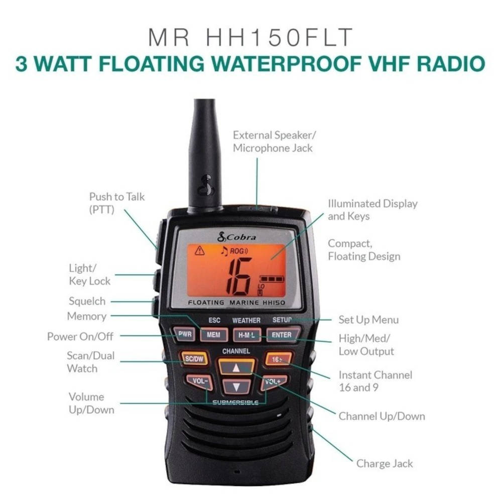 Cobra, VHF Marine Radio, Floating Handheld, 3 Watt with NOAA Weather