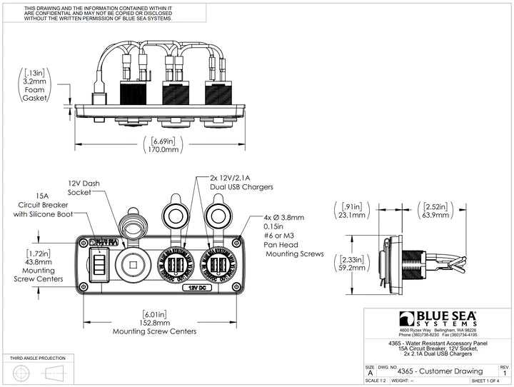 Water-Resistant Accessory Panel - Circuit Breaker, 12V Socket, Dual USB Charger, Mini Voltmeter